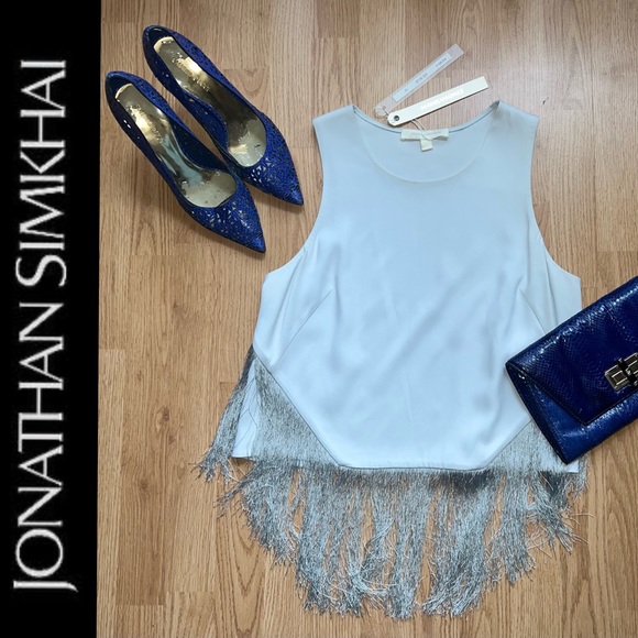NWT Jonathan Simkhai fringed crepe tank in ice blue - Picture 1 of 5
